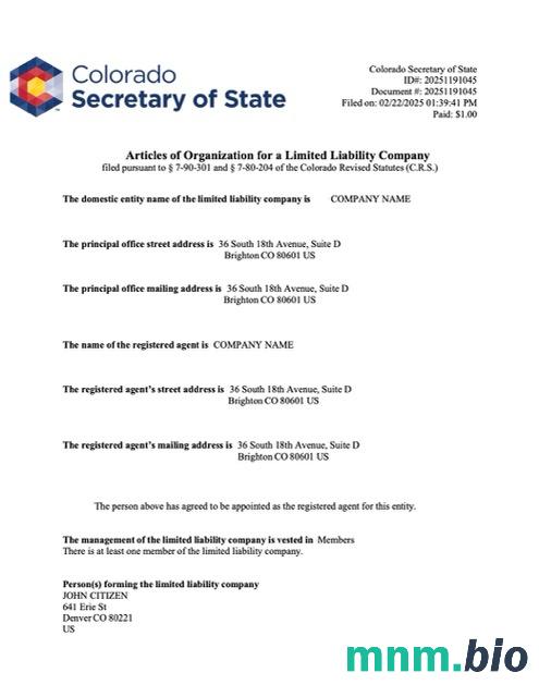 USA Colorado artykuły organizacji Word i PDF szablon, Wersja 2